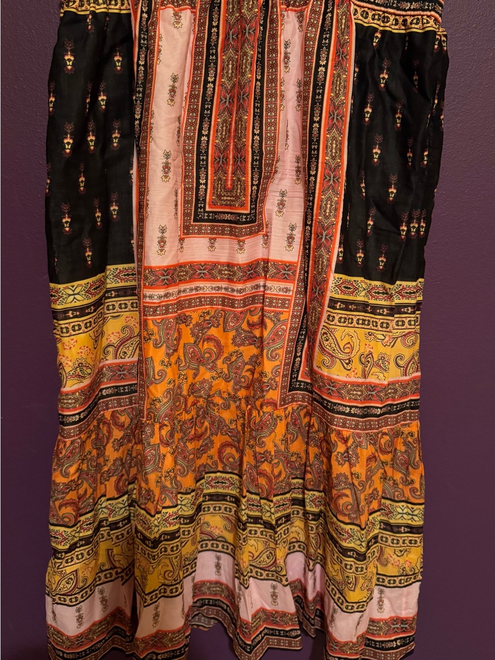 Kobi Halperin Paisley Panel Maxi Skirt in Black, Orange & Pink Sz XL